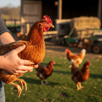 Photograph of a Lohmann Brown from the chicken taxonomy interacting with humans in a typical farm setting