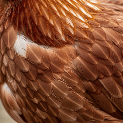 Close-up macro photograph highlighting the feather texture and coloration of a Lohmann Brown from the chicken taxonomy