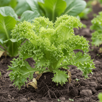Naturalistic photograph of Lollo Bionda Lettuce growing in a field or garden, representing its environment as part of the taxonomy lettuce