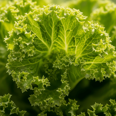 Macro shot capturing the texture and surface details of a leaf from Lollo Bionda Lettuce, within taxonomy lettuce