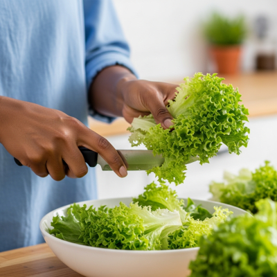 Photograph of a diverse pair of hands preparing or serving Lollo Bionda Lettuce in a kitchen setting