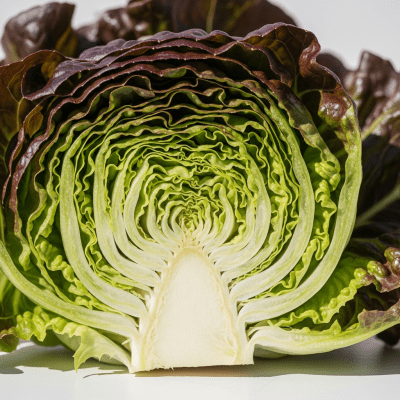 Detailed close-up image of a freshly cut cross-section of Lollo Rosso Lettuce, of the taxonomy lettuce