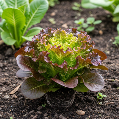 Naturalistic photograph of Lollo Rosso Lettuce growing in a field or garden, representing its environment as part of the taxonomy lettuce