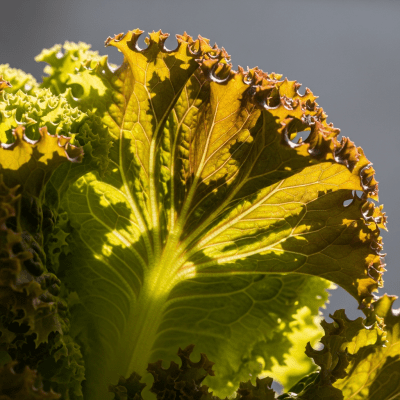 Macro shot capturing the texture and surface details of a leaf from Lollo Rosso Lettuce, within taxonomy lettuce