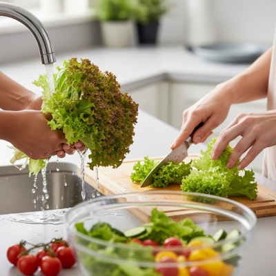 Photograph of a diverse pair of hands preparing or serving Lollo Rosso Lettuce in a kitchen setting