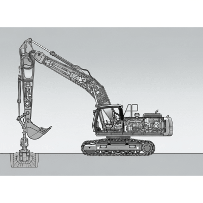 Detailed cross-sectional illustration of a Long-reach hydraulic excavator from the excavators taxonomy