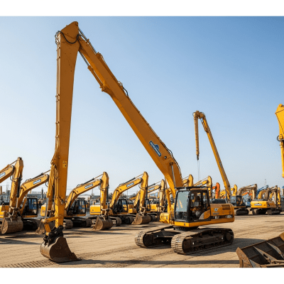A wide-angle image of a fleet of various excavators, with the specific Long-reach hydraulic excavator in the foreground for emphasis