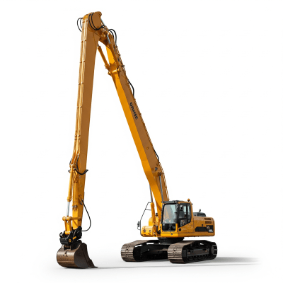 High quality studio photograph of a single Long-reach hydraulic excavator from the excavators taxonomy