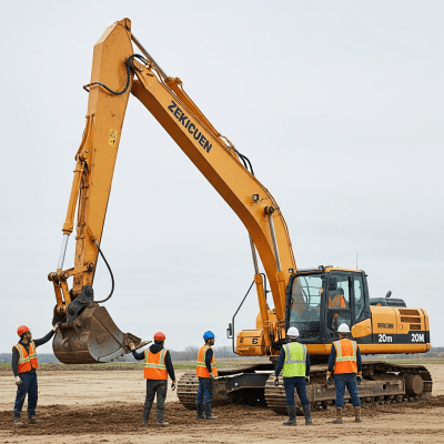 Image of a diverse group of construction workers operating or interacting with a Long-reach hydraulic excavator from the excavators taxonomy