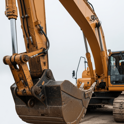 A close-up photograph focusing on the bucket and arm of a Long-reach hydraulic excavator (excavators), showing details such as hydraulic lines, metal textures, and wear marks
