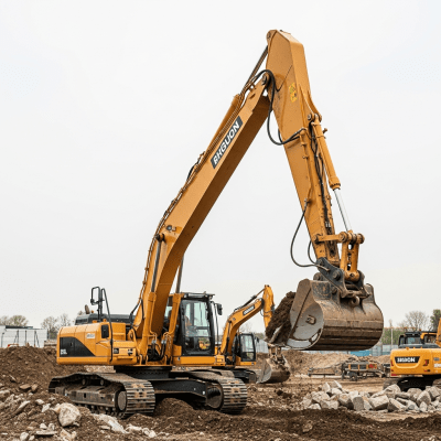 A realistic image of a Long-reach hydraulic excavator (excavators) at work on a construction site, surrounded by soil, rocks, and machinery