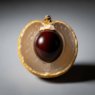 A close-up image showing a cross-section of the Longan, belonging to the fruits taxonomy