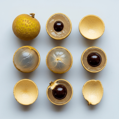 An overhead view photograph of several pieces of the Longan, from the fruits taxonomy, arranged aesthetically on a plain background