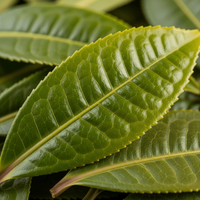 Macro photograph focusing on the texture and details of Longjing leaves, within the taxonomy teas