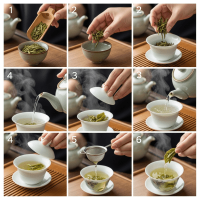 Step-by-step visual depiction showing the preparation process for Longjing, within the taxonomy teas