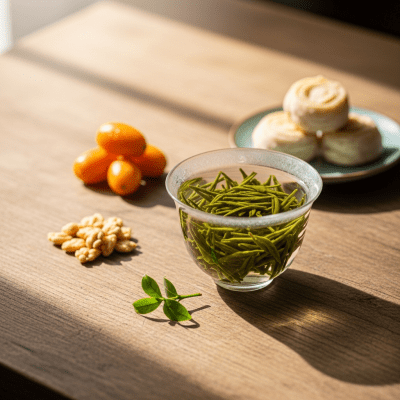 Still life image of a prepared cup of Longjing