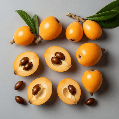 An overhead view photograph of several pieces of the Loquat, from the fruits taxonomy, arranged aesthetically on a plain background