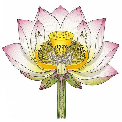 Cross-sectional illustration of a Lotus (flowers), showing internal parts such as stem, petals, and reproductive organs