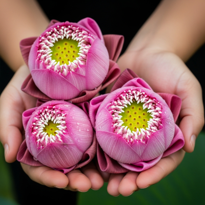 Photograph of a Lotus (flowers) being held or interacted with by a person in a gentle way