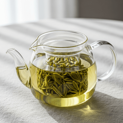 Editorial-style image of a brewed Lu'an Guapian tea, part of the taxonomy teas