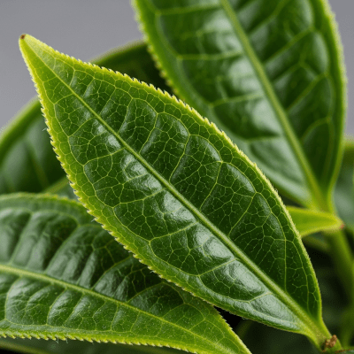 Macro photograph focusing on the texture and details of Lu'an Guapian leaves, within the taxonomy teas