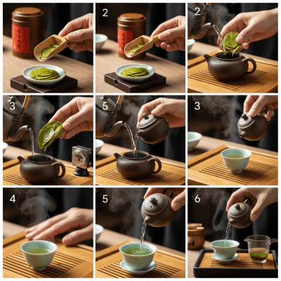 Step-by-step visual depiction showing the preparation process for Lu'an Guapian, within the taxonomy teas