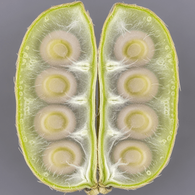 Close-up macro image of the Lupin (legumes) cut in half, displaying its internal structure and details such as seed arrangement, pod interior, or cross-section textures