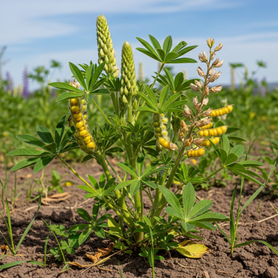 Photograph of the Lupin (legumes) growing naturally on its plant in an outdoor agricultural or garden setting, showing leaves, pods, and surrounding soil or greenery