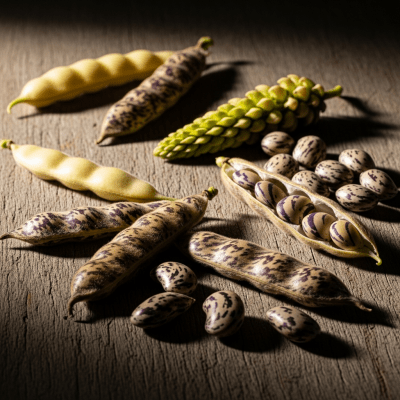 Editorial-style image of the Lupin from the taxonomy legumes, arranged artfully on a rustic wooden surface with dramatic lighting to highlight its unique shape and color.