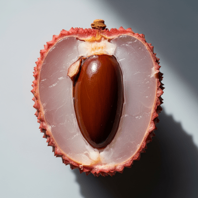 A close-up image showing a cross-section of the Lychee, belonging to the fruits taxonomy