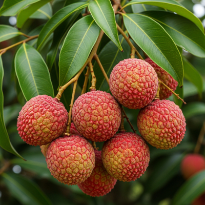 A photograph of a fresh Lychee from the fruits taxonomy as it appears in its natural growing environment, such as on a tree, bush, or vine