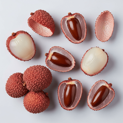 An overhead view photograph of several pieces of the Lychee, from the fruits taxonomy, arranged aesthetically on a plain background