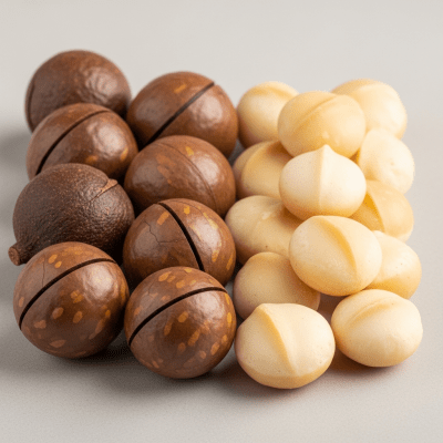 Image of a handful of unshelled and shelled Macadamia nut (nuts), side by side