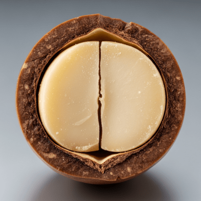 Macro close-up image showing the interior cross-section of a Macadamia nut (nuts)