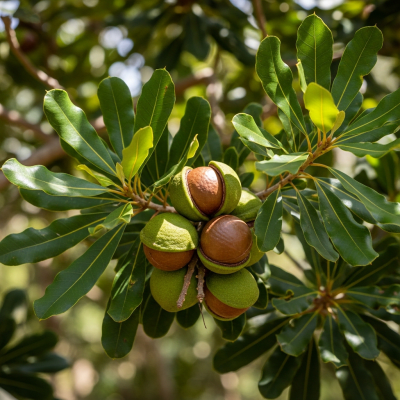 Photograph of a Macadamia nut (nuts) in its natural environment, such as on the tree, bush, or ground where it grows