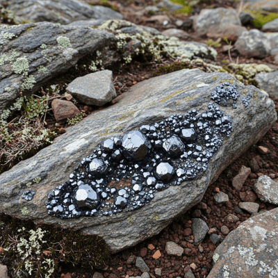 Naturalistic scene featuring Magnetite in its typical geological environment, as categorized by minerals