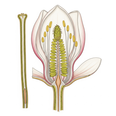 Cross-sectional illustration of a Magnolia (flowers), showing internal parts such as stem, petals, and reproductive organs