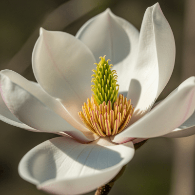 Detailed macro image of a Magnolia (flowers), focusing on the intricate structure of petals, stamens, and pistil