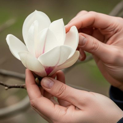 Photograph of a Magnolia (flowers) being held or interacted with by a person in a gentle way