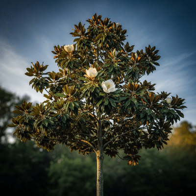 Striking editorial image of a single Magnolia (trees), photographed from a low angle to emphasize its grandeur.