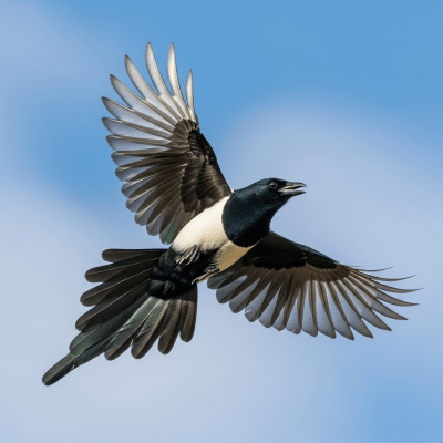 Action shot of a Magpie (birds) in flight