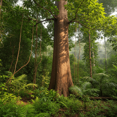 A realistic depiction of a mature Mahogany (trees) in its typical natural environment