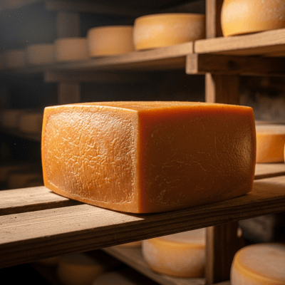 A whole wheel or block of Mahón, shown in an artisanal cellar or aging environment typical for this cheese