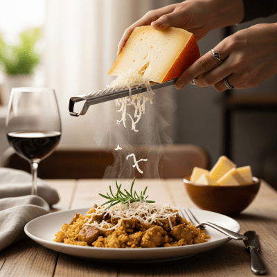 A piece of Mahón being used in a classic culinary preparation or dish where it is commonly featured