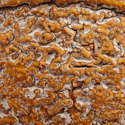 A close-up macro photograph of the rind and surface texture of a Mahón