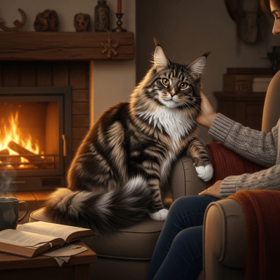 Image of a Maine Coon interacting with humans or participating in cultural activities