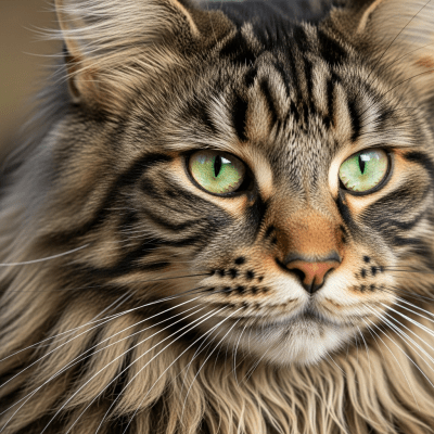 Close-up macro photograph of the face of a Maine Coon