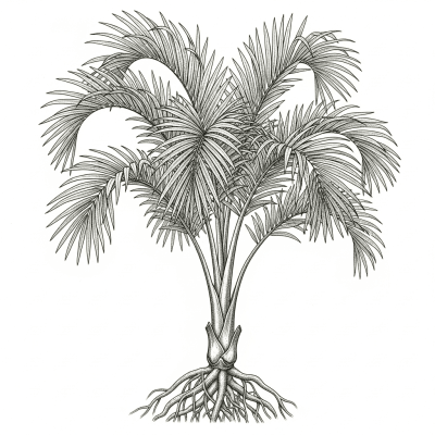 Botanical illustration of a whole Majesty Palm