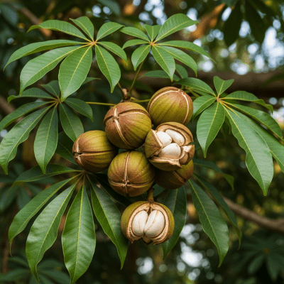 Photograph of a Malabar chestnut (nuts) in its natural environment, such as on the tree, bush, or ground where it grows