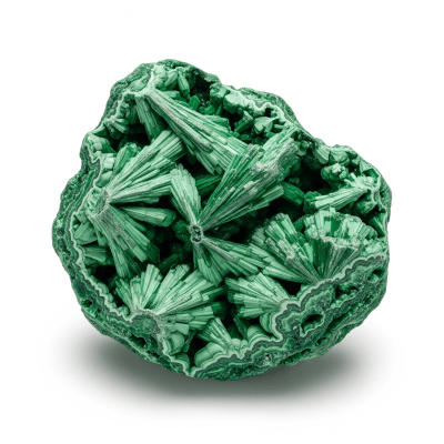 High resolution studio photograph of a single specimen of Malachite